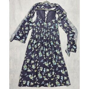 Lauren Conrad Sz 16 XL Pleated Maxi Dress W/ Scarf Blue Floral Sleeveless Flowy.